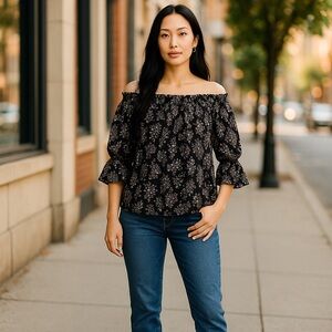 LOFT Off Shoulder Blouse Floral Print Ruffle Sleeve‎ Top XS